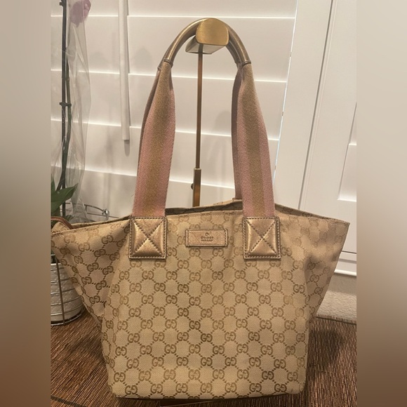 Gucci Handbags - Gucci Beige & Gold Monogram Tote with Pink Striped Web Handles